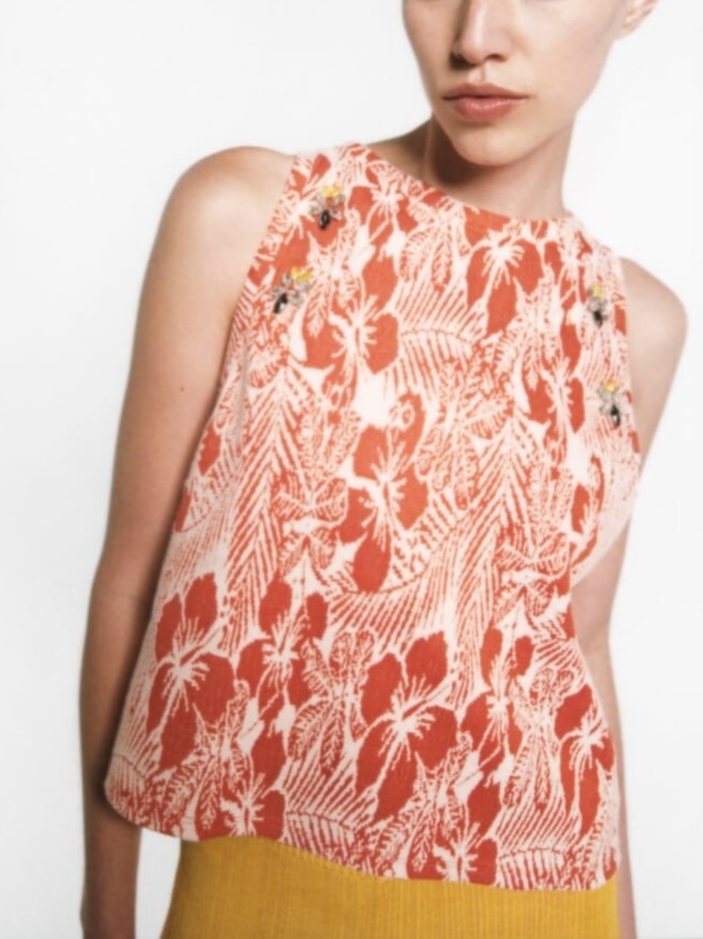 Zara Orange White Floral Jacquard Crop Top 3D Floral Shoulder Embellishment